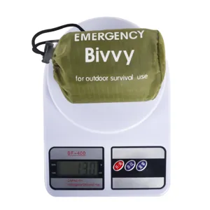 Close-up detail of outdoor emergency bivvy sack, lightweight waterproof survival sleeping bag 130g