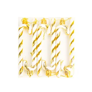 Christmas candy cane hanging ornaments, gold and white striped plastic tree decor set.