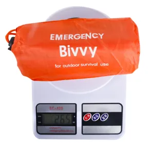 Emergency bivvy outdoor survival sleeping bag weight display detail view portable