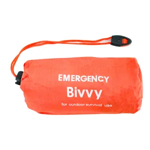 Emergency survival bivvy detail view showing portable orange sleeping bag texture and cord.