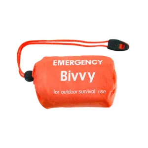 Emergency survival bivvy bag detail view, portable outdoor thermal sleeping blanket in orange.