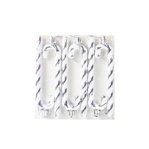 Details of silver glitter plastic candy cane Christmas tree hanging ornaments for holiday decor.
