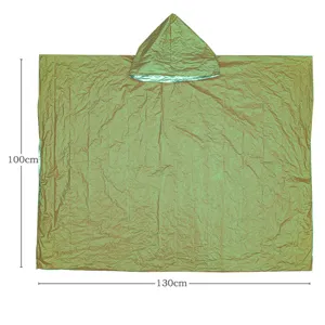 Detailed view of emergency waterproof poncho, portable outdoor rescue blanket with hood.