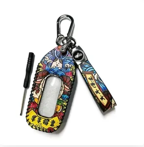 Detailed view of the national style zodiac car keychain cover with delicate leather and metal hook.