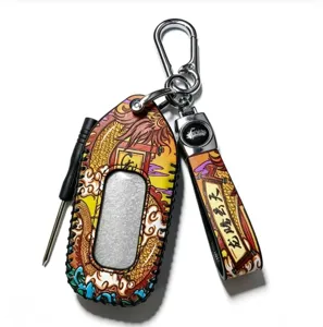Guochao dragon car key case leather keychain set with metal hook and small screwdriver tool.