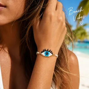 Handgemaakte boze oog kralen armband verstelbaar wit geweven koord strand sieraden