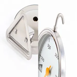 Stainless steel oven thermometer detail view with hanging hook and bracket for baking use.