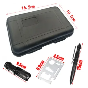 Outdoor survival uitrusting set met waterdichte doos, zaklamp, multitool kaart, pen.