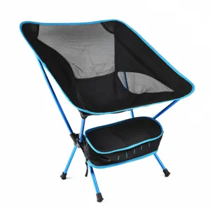 Portable outdoor folding camping moon chair detail view, lightweight aluminum frame mesh seat.