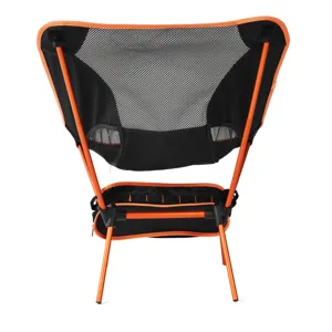 Rear view detail of lightweight folding camping chair with orange aluminum frame and black mesh.