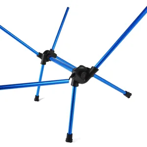 Detailed view of lightweight camping chair aluminum frame joints and blue alloy poles clearly.