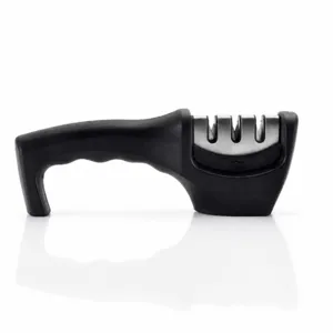 Black multi-functional kitchen knife sharpener tool with ergonomic handle and slots.