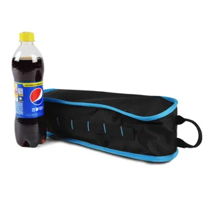 Outdoor folding chair storage bag, portable black carrying case with blue trim and handles.