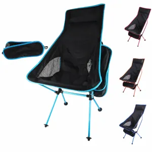 Portable outdoor folding camping moon chair with headrest and storage bag, lightweight.