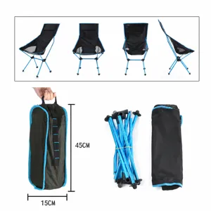 Portable outdoor folding camping moon chair with aluminum alloy frame and storage bag.