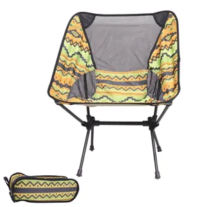 Outdoor portable folding camping moon chair with breathable mesh and ethnic geometric pattern.