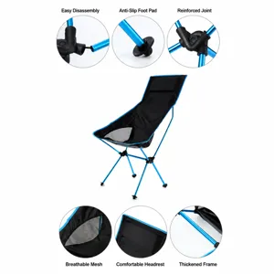 Outdoor folding camping moon chair with blue aluminum alloy frame and mesh seat.