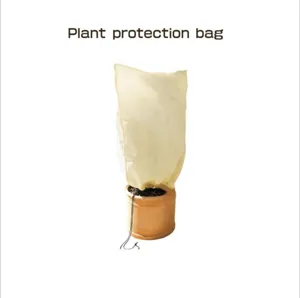 Non-woven plant protection bag for winter frost proofing, breathable tree cover with drawstring.