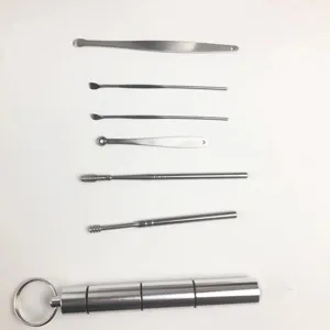 Detail shot showing stainless steel ear pick tools and portable metal storage case neatly.