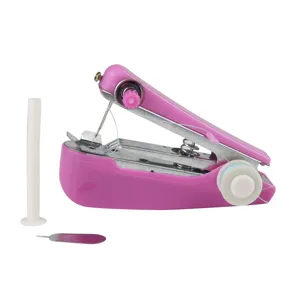Detailed close-up of the portable pink mini sewing machine with essential tool accessories.