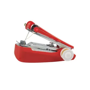 Handheld mini sewing machine detail shot, compact portable pocket sewing tool in red color.