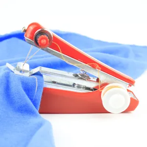 Portable handheld mini sewing machine detail view, compact manual sewing tool for quick repairs.