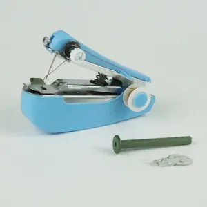 Portable handheld mini sewing machine detail view, compact mechanical stitch tool for travel.