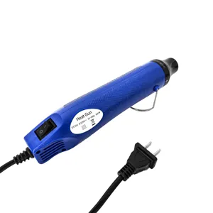 Portable electric mini heat gun detailed view showing blue body and black power cord for DIY crafts.