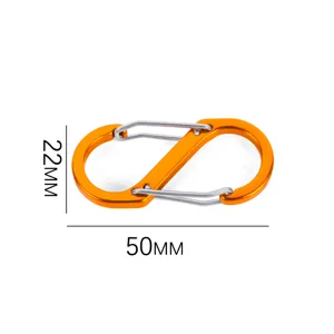 Vue détaillée du mousqueton S en aluminium orange de 50 mm avec ressort pour équipement.