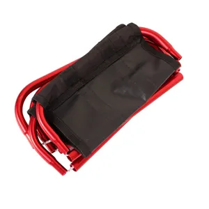 Portable folding camping stool with red aluminum alloy frame and durable black fabric seat.