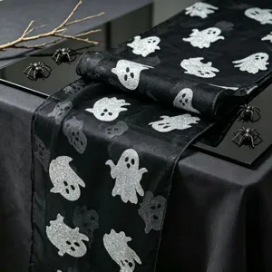 Halloween black table runner featuring silver glitter ghost design for spooky table decor.