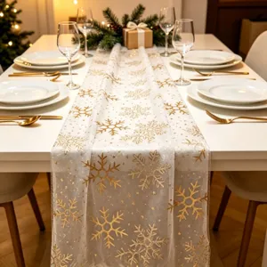 Camino de mesa navidad copo de oro tela malla blanca decoracion fiesta cena evento