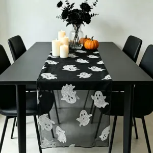 Halloween ghost table runner black mesh decorative fabric for party setup details