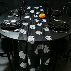 Halloween black mesh table runner with silver glitter ghost pattern for party decor table setting