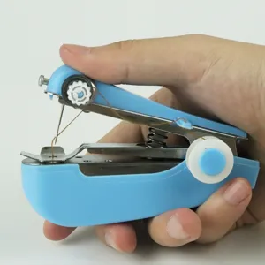 Portable handheld mini sewing machine detail view, manual blue stitch tool for quick repair.