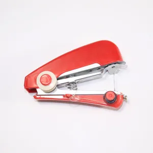 Detailed view of the portable handheld mini sewing machine mechanism, showing red plastic casing.