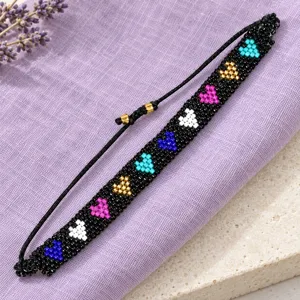 Womens Handmade Glass Beaded Woven Heart Pattern Bracelet Adjustable Fashion Wrist Jewelry Gift Accessory