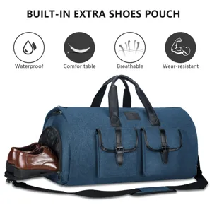 Detail view of multi-functional travel duffel bag with separate shoe compartment and handles.