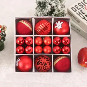Christmas bauble set with festive red ornaments, matte, glossy, and printed designs for trees.