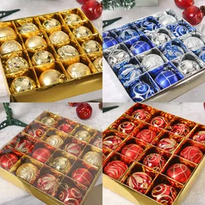 Detailed view of 24-piece assorted Christmas bauble gift sets in festive colors for tree decoration.