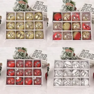 Detailed view of assorted Christmas baubles set in box, featuring decorative festive patterns.
