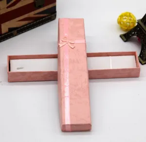 Pink long paper gift box necklace jewelry box with ribbon bow packaging detail presentation