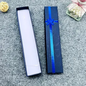 Dark blue long jewelry gift box packaging for necklace and bracelet display showcase detail.