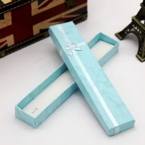 Light blue long jewelry gift box with white ribbon bow, perfect for necklaces and bracelets.