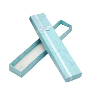 Light blue long gift box for necklace jewelry packaging with white ribbon bow elegant design 1pc