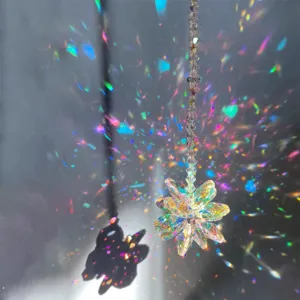 Crystal suncatcher prism hanging pendant with sparkling rainbow light effects for home decor.