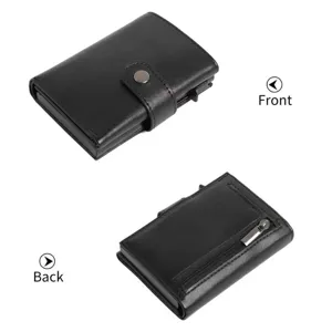 Tarjetero cartera multifuncional de cuero para hombre con compartimento pop-up negro vista