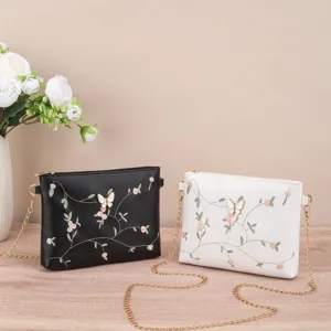 Women's PU Leather Hobo Bag Fashion Embroidery Floral Shoulder Bag Underarm Bag With Gold Chain And Bow