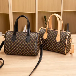 Borsa Boston vintage da donna, borsa a tracolla rétro con stampa monogramma e manico superiore.