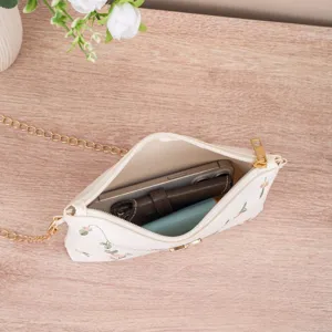 White embroidered underarm bag fashion simple hobo shoulder bag with chain strap for women.